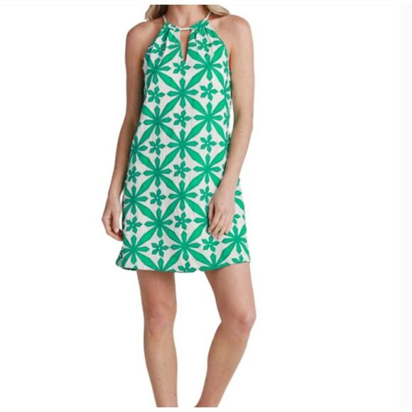 Skies are Blue Green and White Floral Embroidered Mini Dress Small Sleeveless - Picture 1 of 6